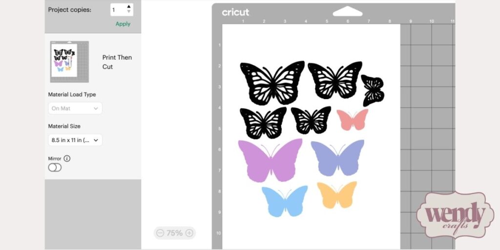Computer screenshot of the Cricut butterfly designs that will be used for the butterfly card.