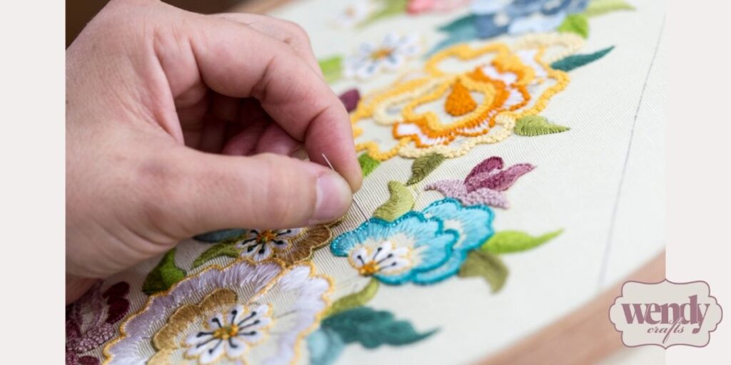 Closeup of intricate embroidery of a floral design
